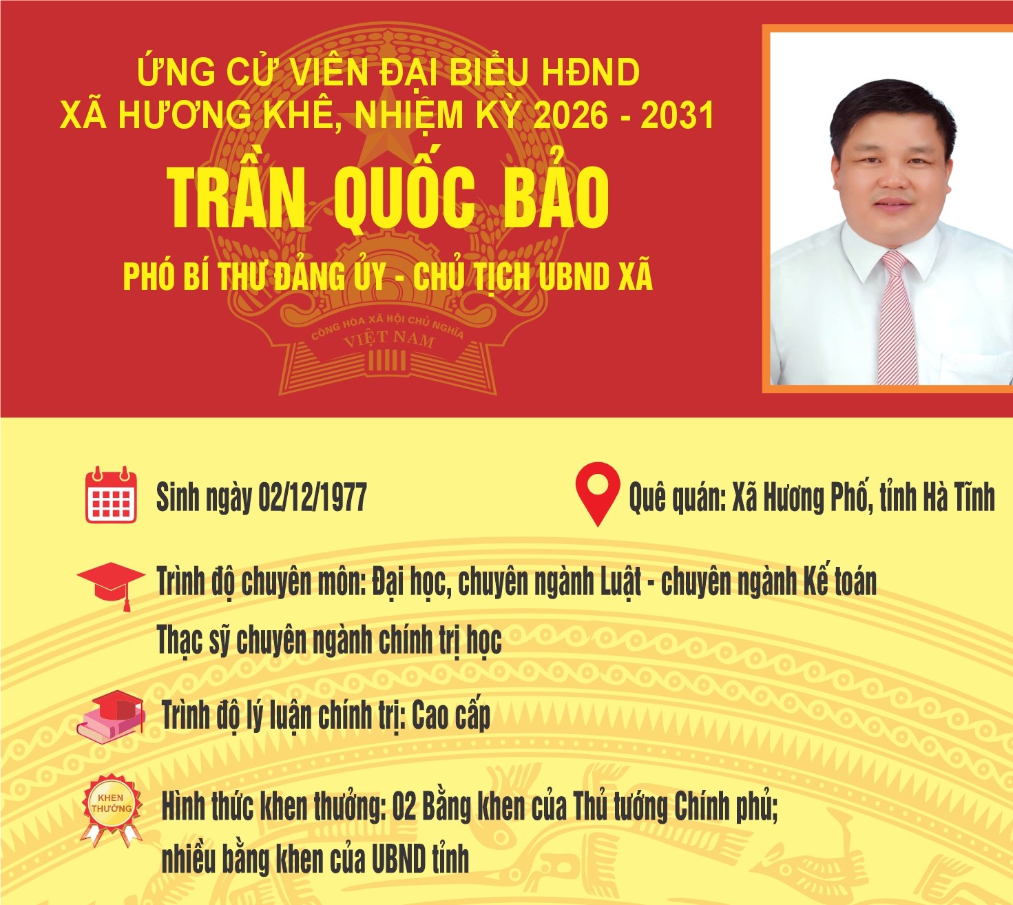 Tiểu sử tóm tắt của ông Trần Quốc Bảo ứng cử viên Đại biểu HĐND xã Hương Khê khóa II, nhiệm kỳ 2026 -2031