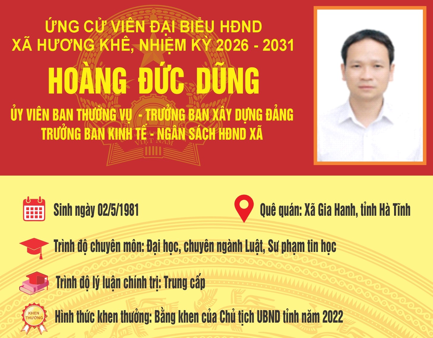Tiểu sử tóm tắt ông Hoàng Đức Dũng ứng cử viên Đại biểu HĐND xã Hương Khê khóa II, nhiệm kỳ 2026 - 2031