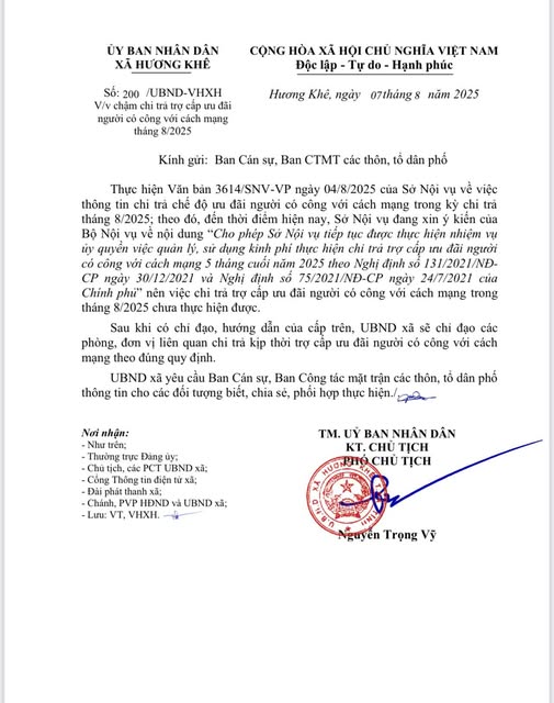UBND xã Hương Khê thông báo: Số 200/UBND- VHXH , V/v chậm chi trả trợ cấp ưu đãi người có công với cách mạng tháng 8/2025.