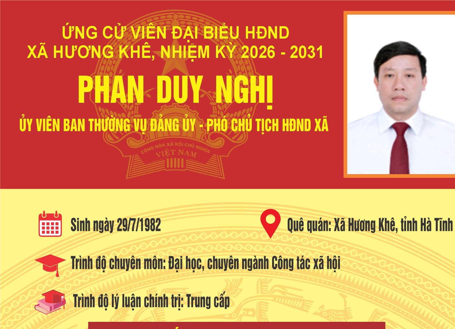 Tiểu sử tóm tắt Ông Phan Duy Nghị ứng cử viên Đại biểu HĐND xã Hương Khê khóa II, nhiệm kỳ 2026 -2031