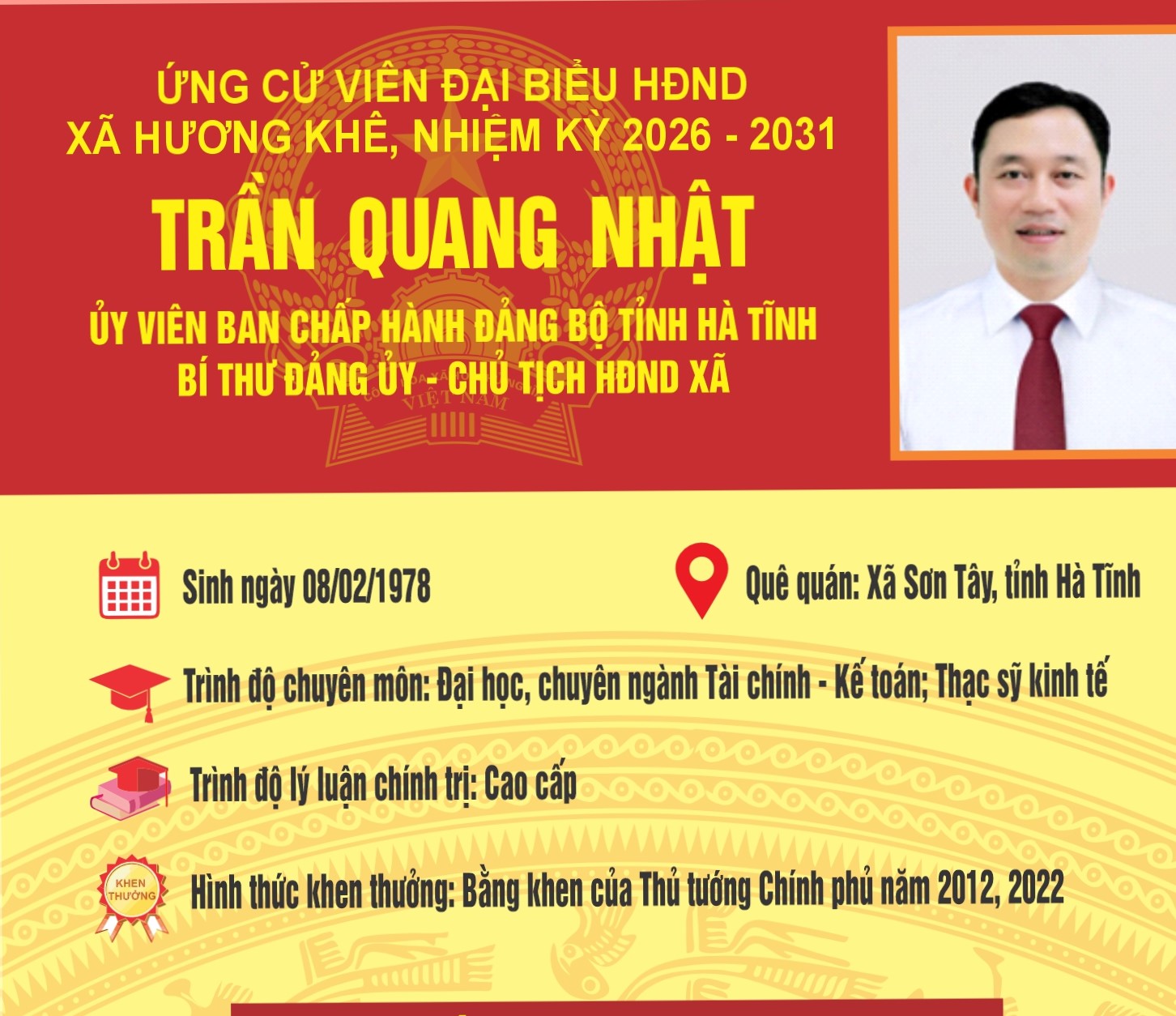 Tiểu sử tóm tắt của ông Trần Quang Nhật ứng cử viên Đại biểu HĐND xã Hương Khê khóa II, nhiệm kỳ 2026 -2031