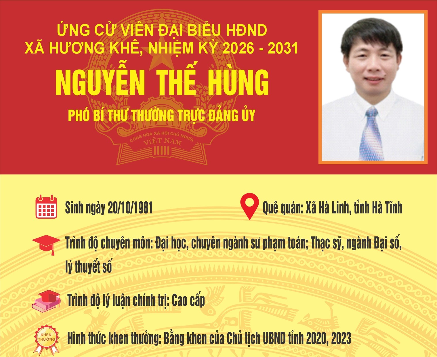 Tiểu sử tóm tắt của ông Nguyễn Thế Hùng ứng cử viên Đại biểu HĐND xã Hương Khê khóa II, nhiệm kỳ 2026 -2031