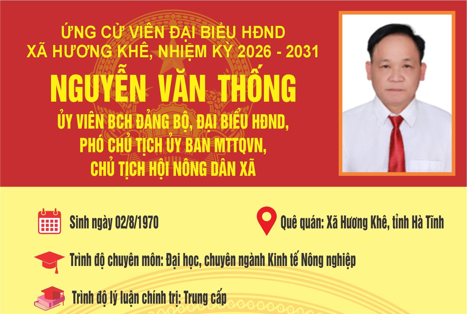 Tiểu sử tóm tắt ông Nguyễn Văn Thống ứng cử viên đại biểu HĐND xã Hương Khê khóa II, nhiệm kỳ 2026 - 2031