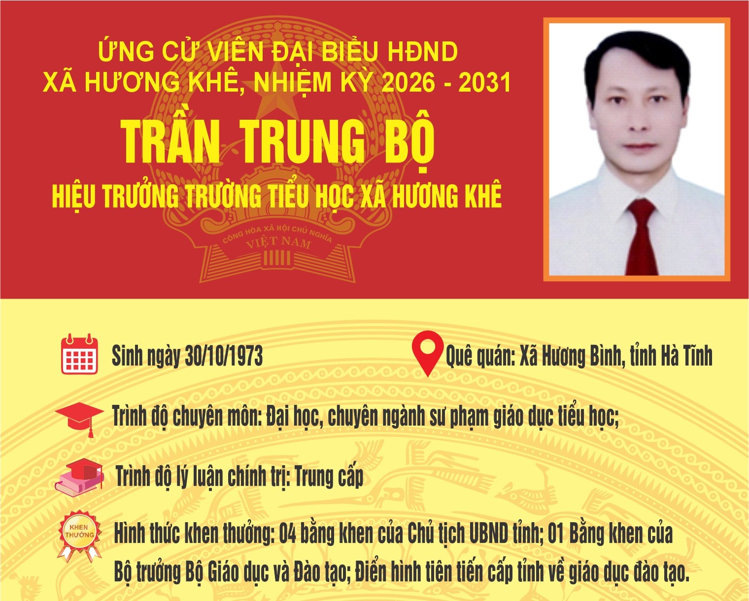 Tiểu sử tóm tắt ông Trần Trung Bộ ứng cử viên Đại biểu HĐND xã Hương Khê khóa II, nhiệm kỳ 2026 - 2031