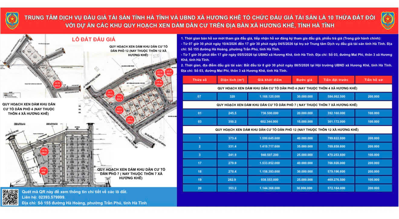 Ủy ban nhân dân xã Hương Khê thông báo về việc đấu giá quyền sử dụng đất đối với 10 thửa đất thuộc dự án các khu đất quy hoạch xen dắm trên địa bàn xã