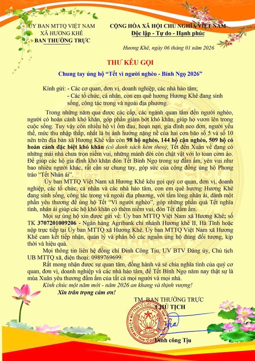 THƯ KÊU GỌI CHUNG TAY VÌ NGƯỜI NGHÈO – TẾT BÍNH NGỌ 2026
