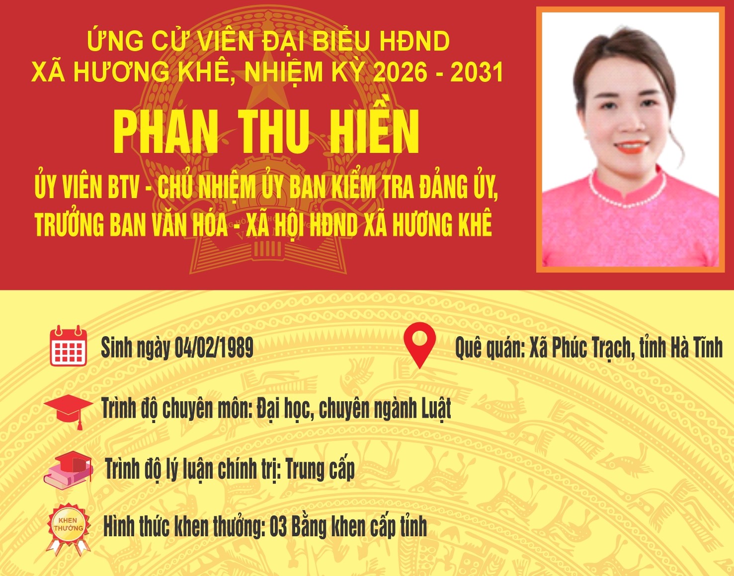 Tiểu sử tóm tắt bà Phan Thu Hiền ứng cử viên Đại biểu HĐND xã Hương Khê khóa II, nhiệm kỳ 2026 - 2031
