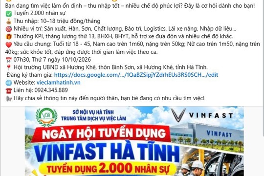 Nhà máy Sản xuất Ô tô điện VinFast Hà Tĩnh tuyển dụng lao động 