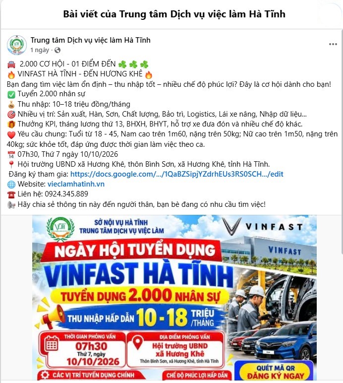 Nhà máy Sản xuất Ô tô điện VinFast Hà Tĩnh tuyển dụng lao động