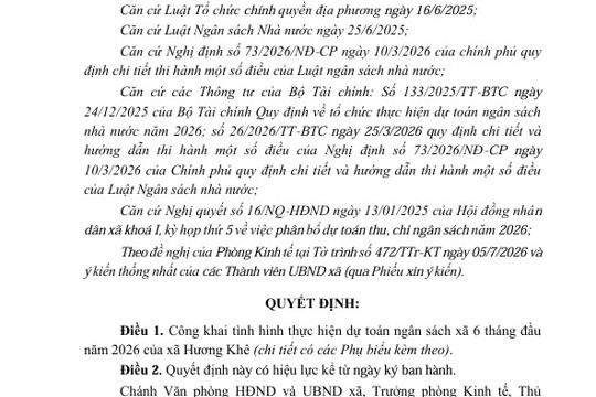 Quyết đinh về việc công khai tình hình thực hiện dự toán ngân sách xã  6 tháng đầu năm năm 2026 của xã Hương Khê  