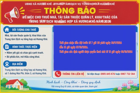 Trung tâm DVTH xã Hương Khê thông báo cho thuê nhà do Trung tâm quản lý, khai thác (đợt 7)