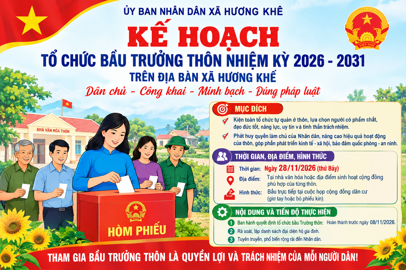 Kế hoạch của UBND xã Hương Khê về Tổ chức bầu Trưởng thôn nhiệm kỳ 2026 - 2031 trên địa bàn xã Hương Khê 