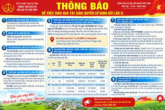 Trung tâm Dịch vụ đấu giá tài sản tỉnh thông báo về việc đấu giá tài sản (Quyền sử dụng đất lần 3)  