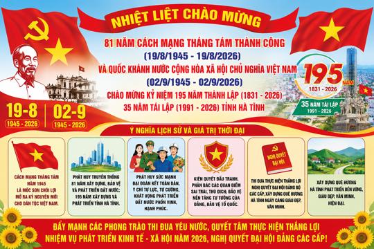 Kế hoạc tổ chức các hoạt động chào mừng kỷ niệm 81 năm Cách mạng Tháng Tám thành công và Quốc khánh nước cộng hòa xã hội chủ nghĩa Việt Nam 02/9; chào mừng kỷ niệm 195 năm thành lập (1831- 2026), 35 năm tái lập (1991- 2026) tỉnh Hà Tĩnh.