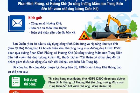 UBND xã Hương Khê thông báo về việc thi công đường ống HDPE D500 đoạn qua đường Phan Đình Phùng xã Hương Khê 