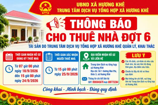 Trung tâm Dịch vụ tổng hợp xã Hương Khê thông báo cho thuê nhà do Trung tâm quản lý khai thác (đợt 6) 
