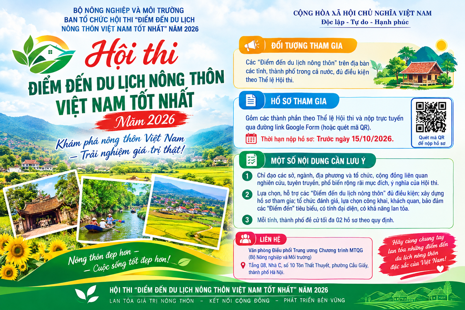 Bộ Nông nghiệp và Môi trường hướng dẫn nộp hồ sơ tham gia Hội thi "Điểm đến du lịch nông thôn Việt Nam tốt nhất" năm 2026