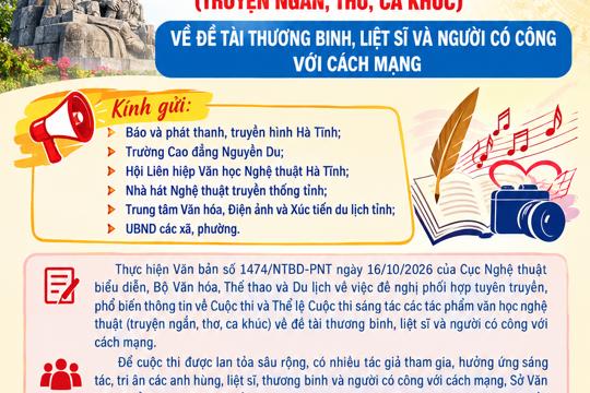 Văn bản của Sở VHTT&DL tỉnh về tuyên truyền, phổ biến Cuộc thi sáng tác  các tác phẩm văn học nghệ thuật (truyện  ngắn, thơ, ca khúc) về đề tài thương binh,  liệt sĩ và người có công với cách mạng 