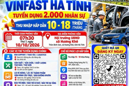 Trung tâm Dịch vụ việc làm Hà Tĩnh thông báo tuyển lao động tại VinFast Hà Tĩnh 