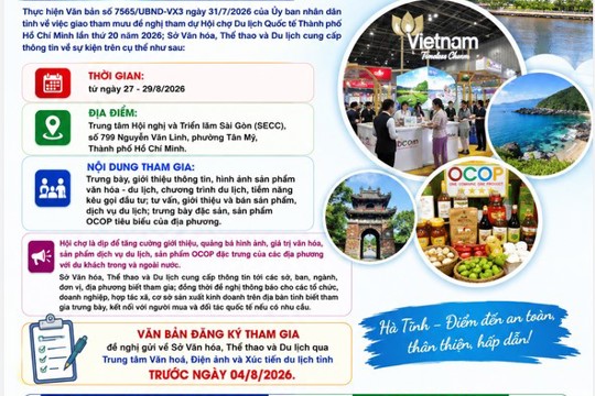 Sở VHTT và DL thông báo việc tham gia Hội chợ Du lịch Quốc tế  Thành phố Hồ Chí Minh lần thứ 20   năm 2026 (ITE HCMC 2026) 