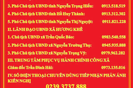 UBND xã Hương Khê công khai địa chỉ và số điện thoại Tiếp nhận thông tin phản ánh, kiến nghị của người dân, doanh nghiệp trong giải quyết thủ tục hành chính