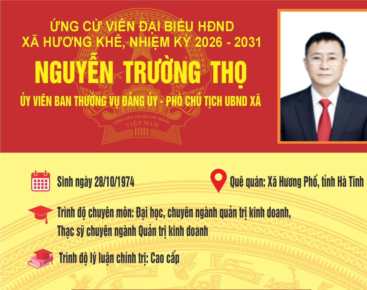 Tiểu sử tóm tắt ông Nguyễn Trường Thọ ứng cử viên đại biểu HĐND xã Hương Khê khóa II, nhiệm kỳ 2026 - 2031 
