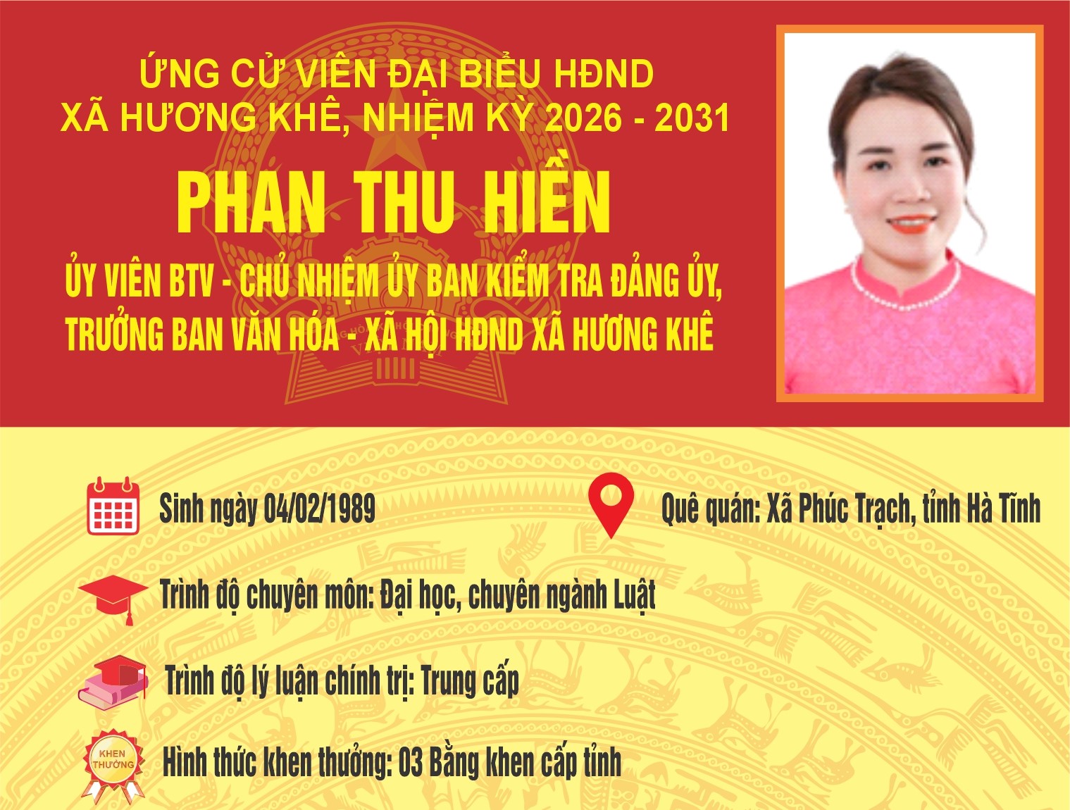 Tiểu sử tóm tắt bà Phan Thu Hiền ứng cử viên Đại biểu HĐND xã Hương Khê khóa II, nhiệm kỳ 2026 - 2031