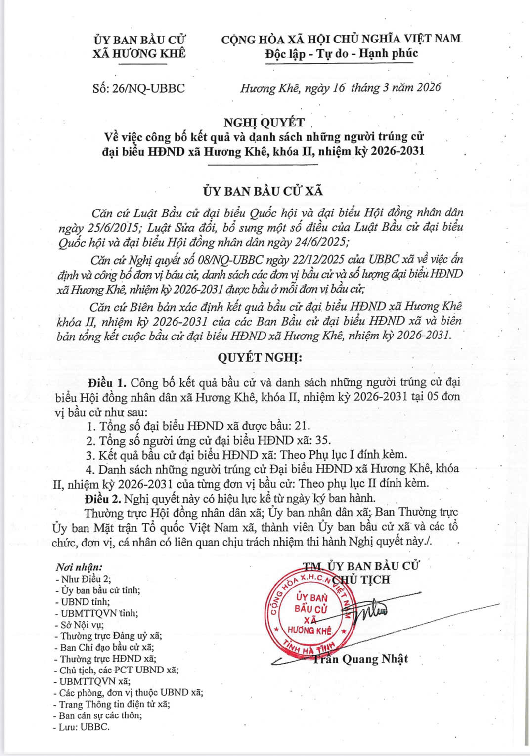 Nghị quyết về việc công bố kết quả và danh sách những người trúng cử đại biểu HĐND xã Hương Khê khóa II, nhiệm kỳ 2026 - 2031 