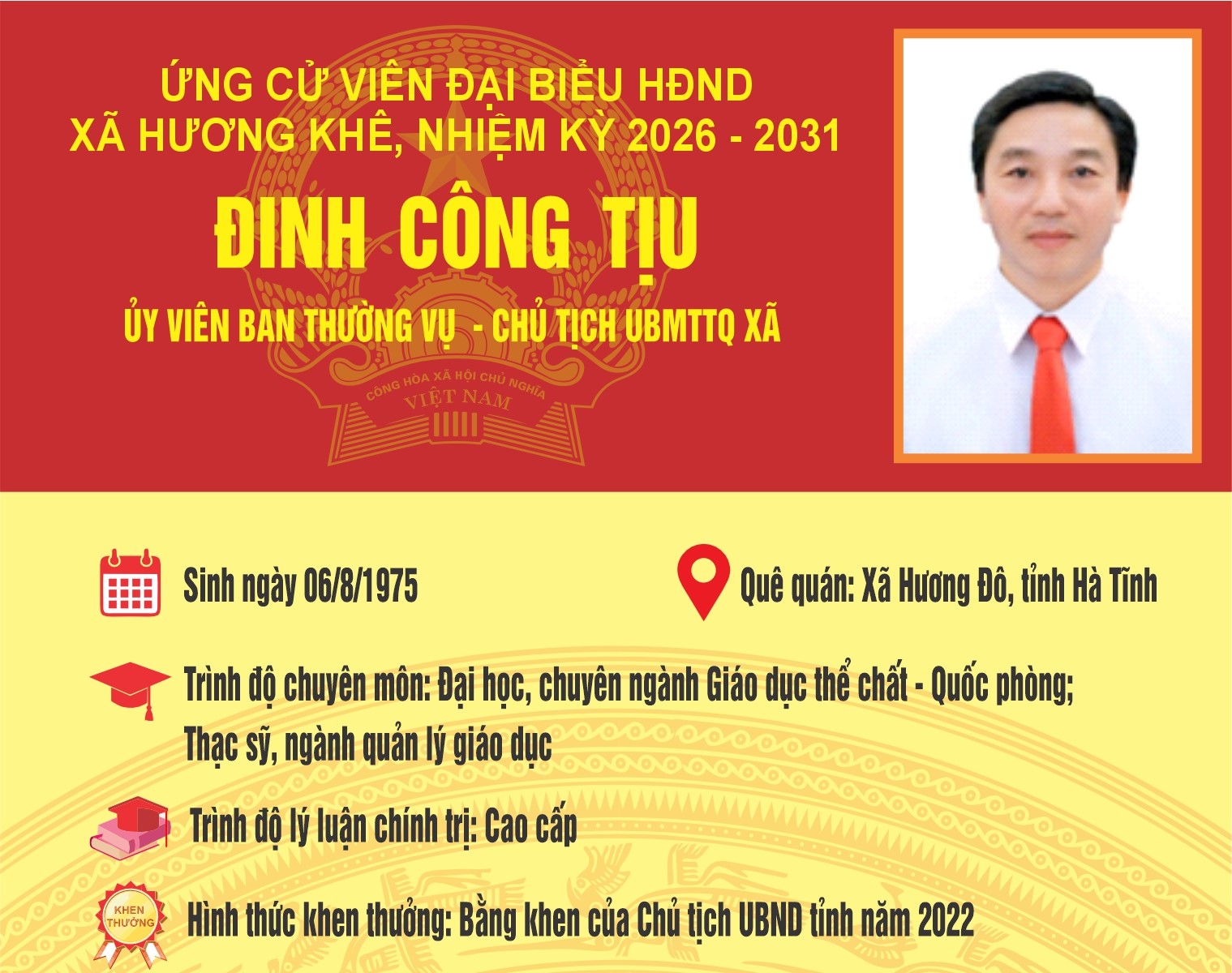 Tiểu sử tóm tắt của ông Đinh Công Tịu, ứng cử viên Đại biểu HĐND xã Hương Khê khóa II, nhiệm kỳ 2026 - 2031