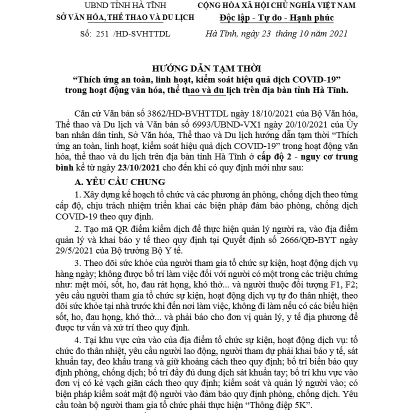 HƯỚNG DẪN TẠM THỜI “Thích ứng an toàn, linh hoạt, kiểm soát hiệu quả dịch COVID-19” trong hoạt động văn hóa, thể thao và du lịch trên địa bàn tỉnh Hà Tĩnh